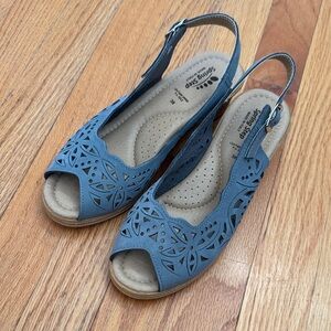 Spring Step Perforated Dusty Blue Sandal Wedges